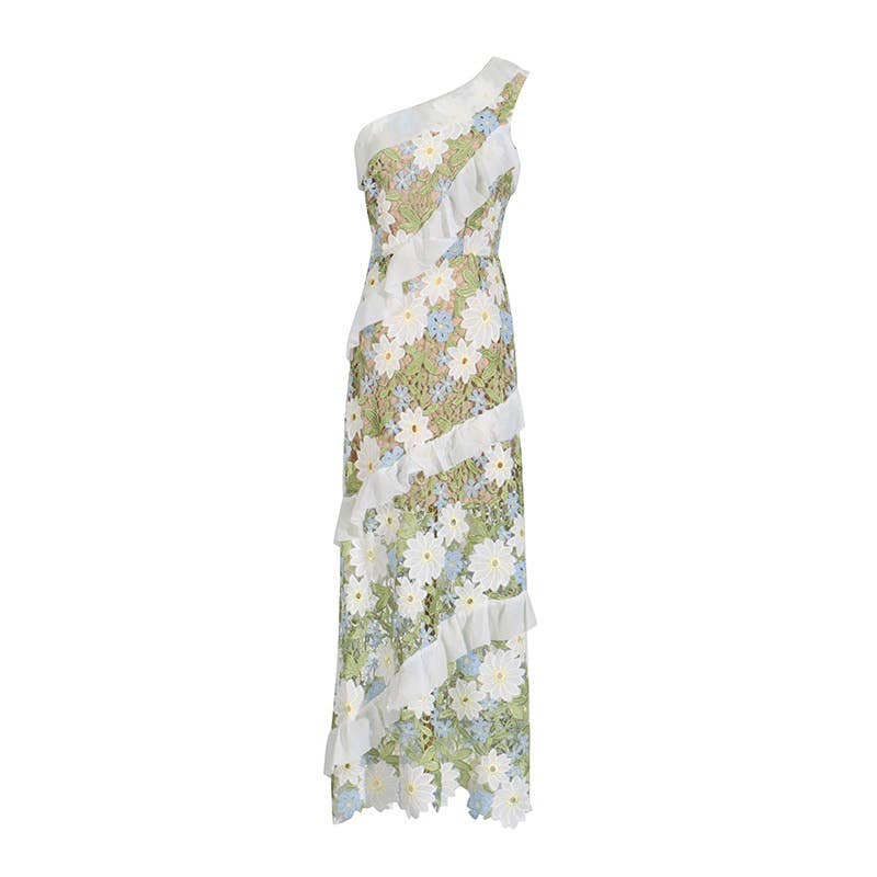 DR409 Floral Embroidered One-Shoulder Ruffle Maxi Dress