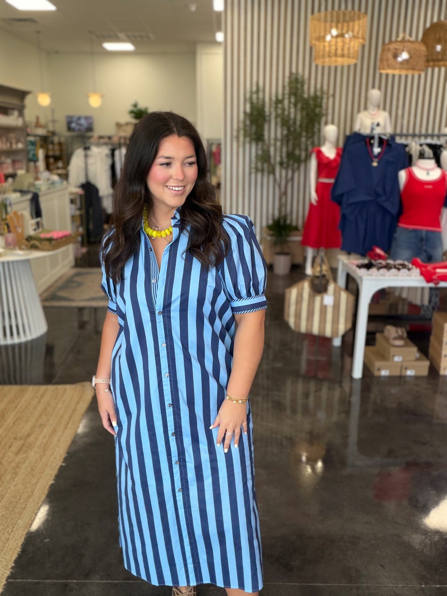 navy nola stripe midi dress