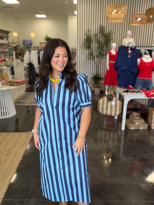 navy nola stripe midi dress