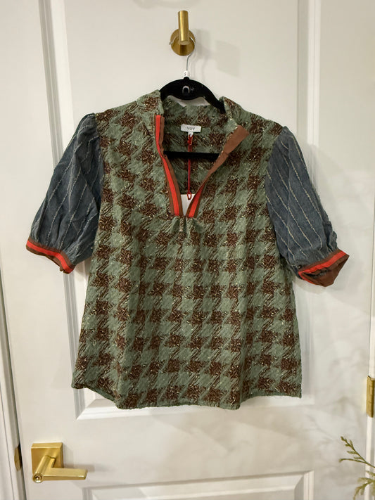 Stripe Denim Sleeve Houndstooth Tweed Top