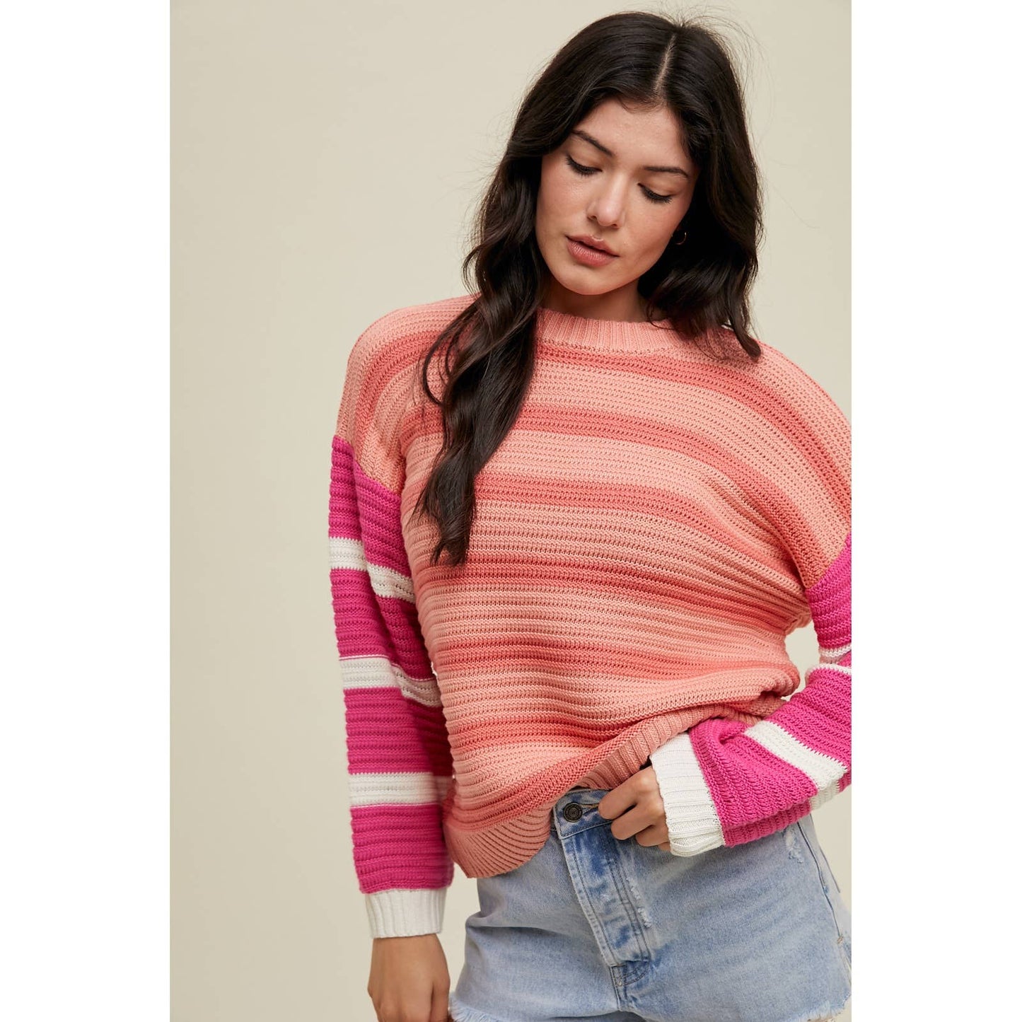 STRIPED SLEEVE CONTRAST SWEATER