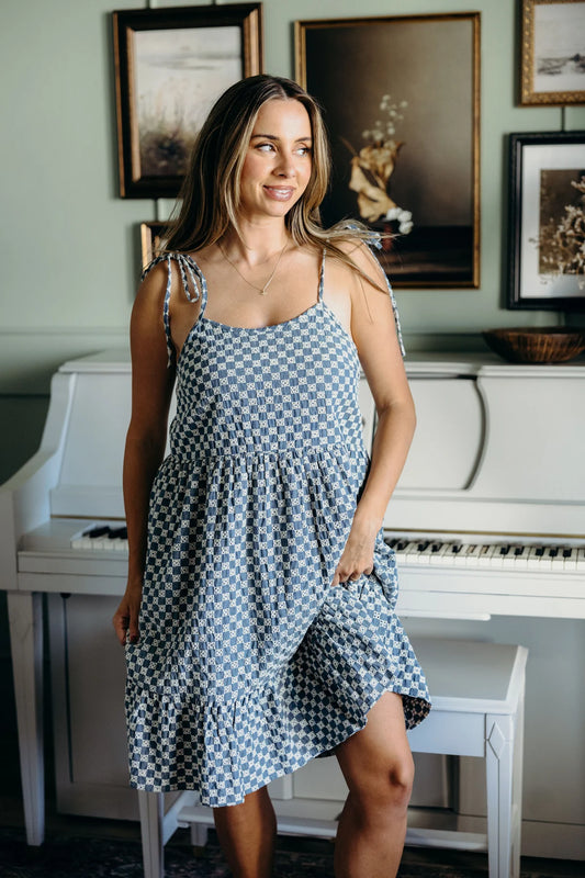 leon denim checkered dress