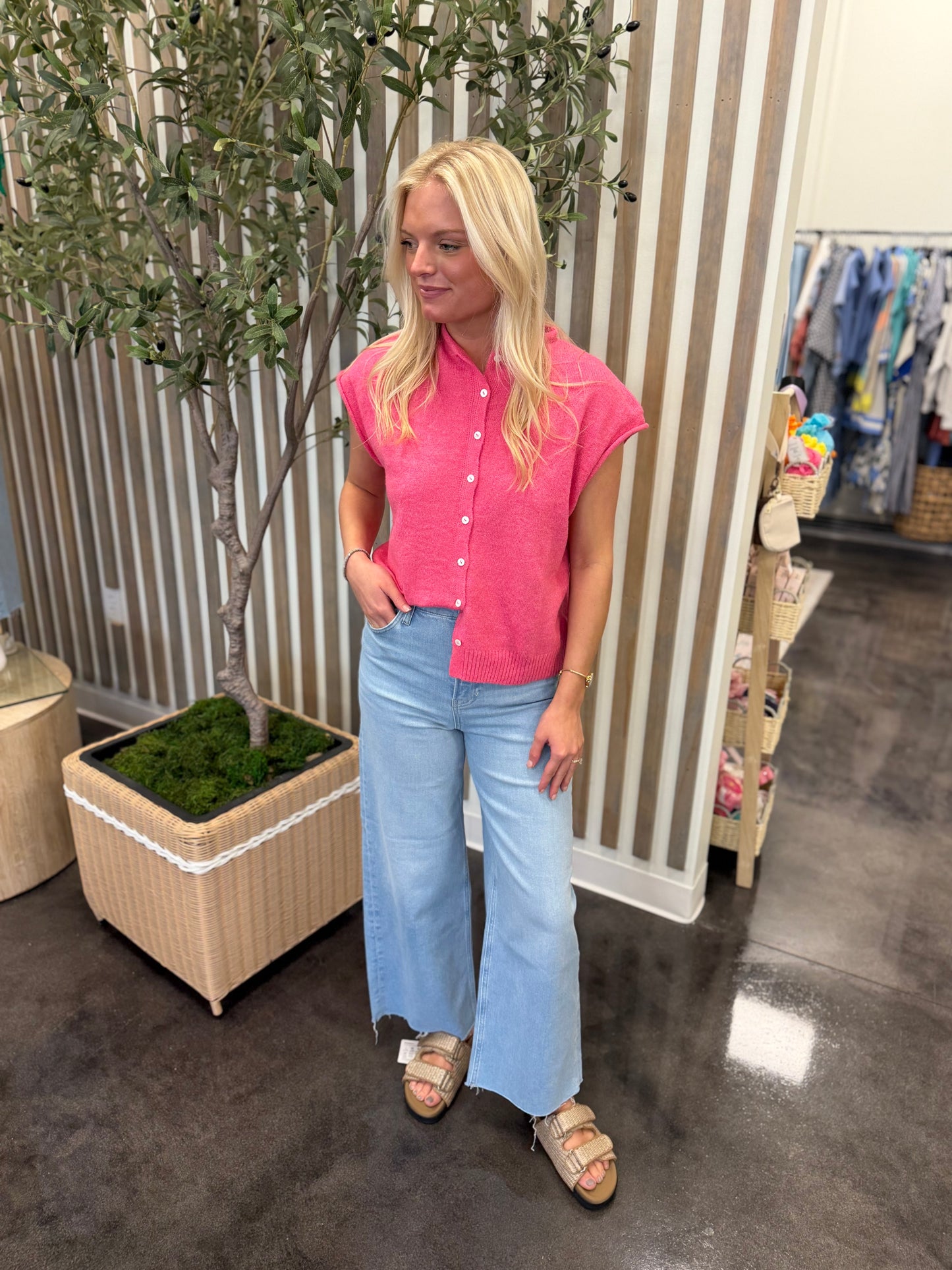 bubblegum pink sweater vest cardigan