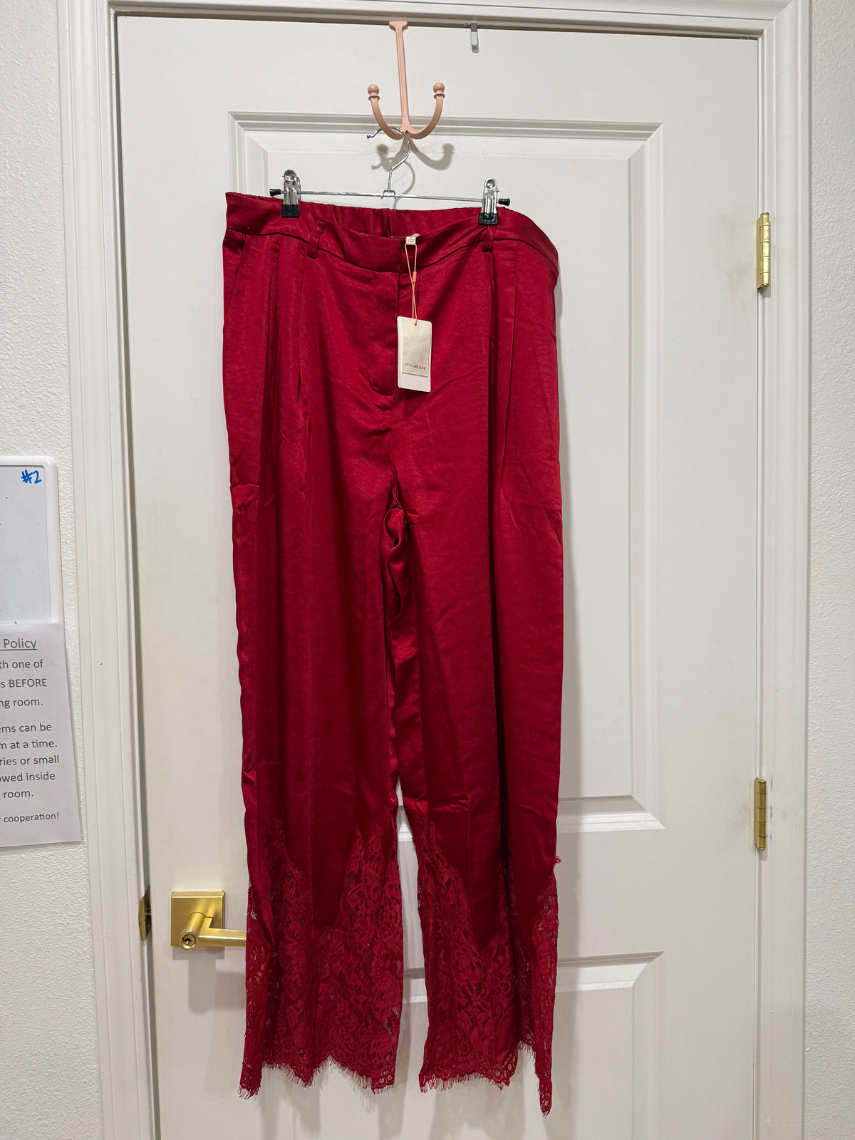 red satin pants w/ lace detail