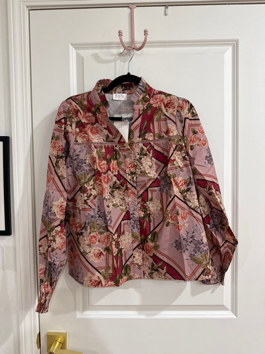 SCARF PRINT SPLIT NECK WITH RUFFLE