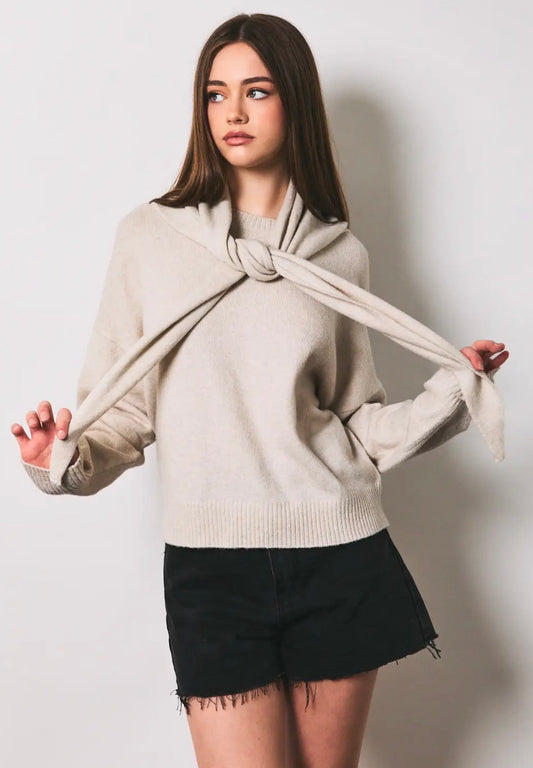 beige crewneck sweater w/detachable scarf