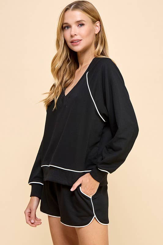 V-Neckline Striped Detail Sweatshirt (2 colors)