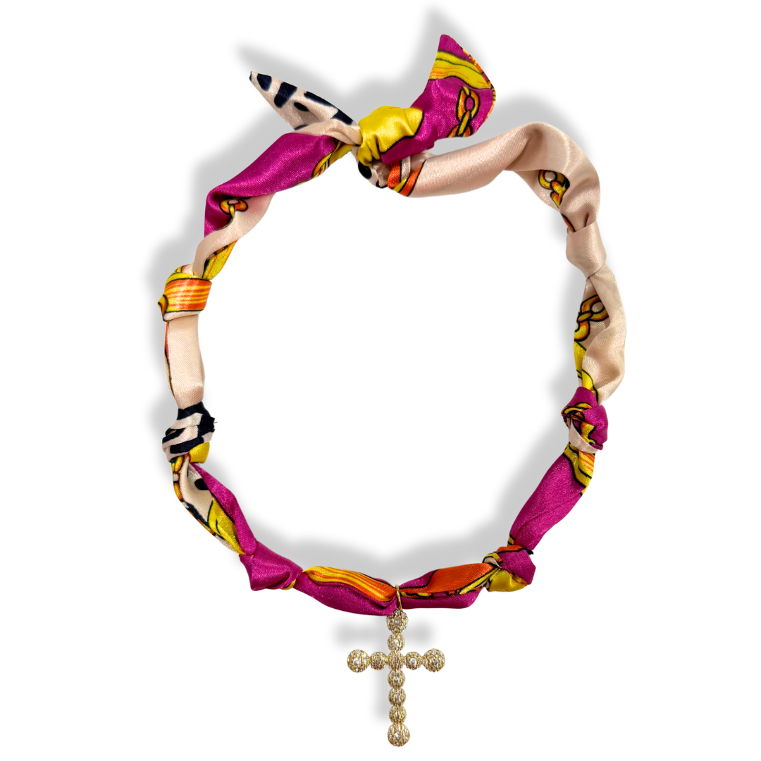 Pink Cross Spotted Scarf Bandana Necklace