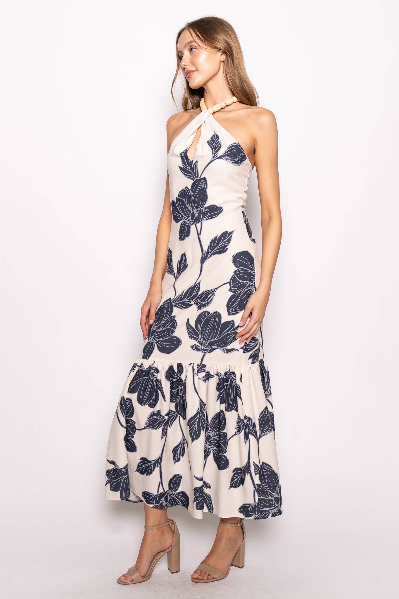 FLORAL BEAD HALTER MAXI DRESS