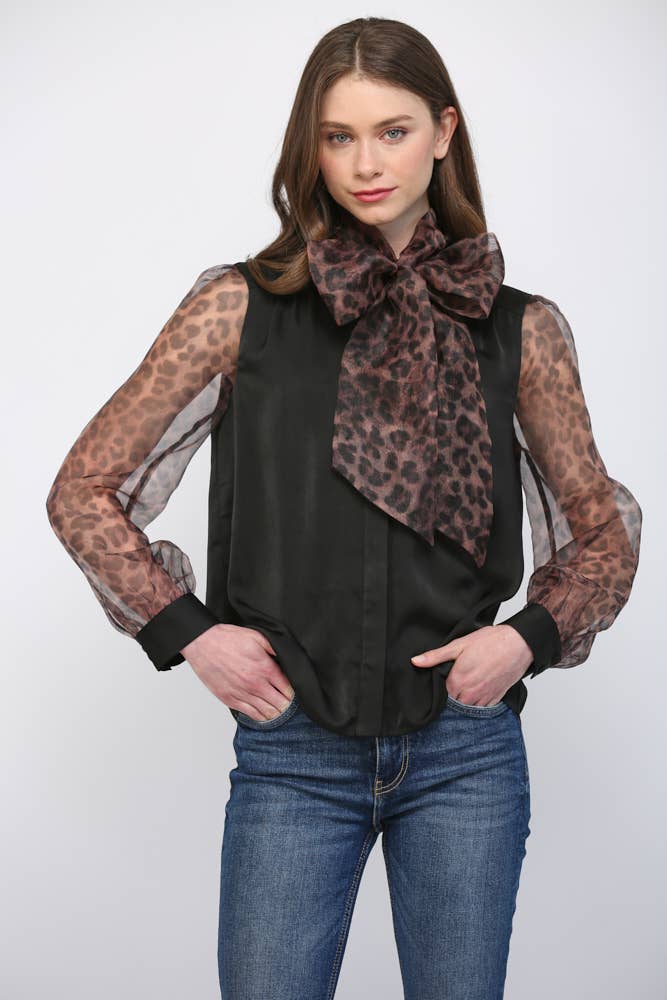 MIXED MEDIA SELF TIE NECKLINE DETAIL BLOUSE