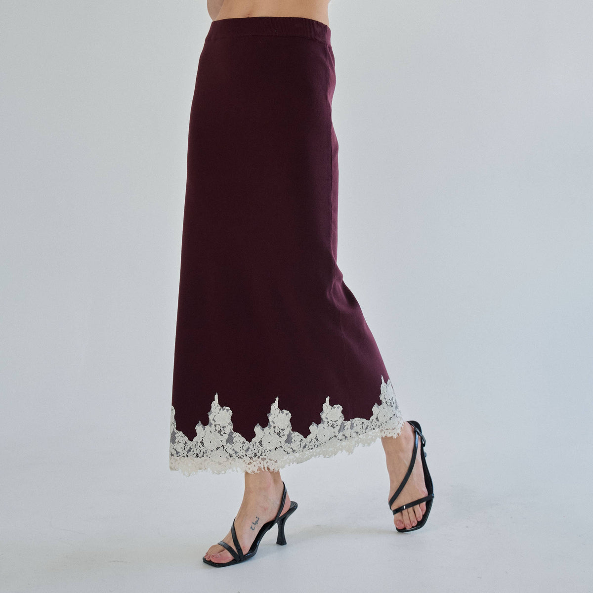 Lace Trim Mock Neck Top & Maxi Skirt Knit Set