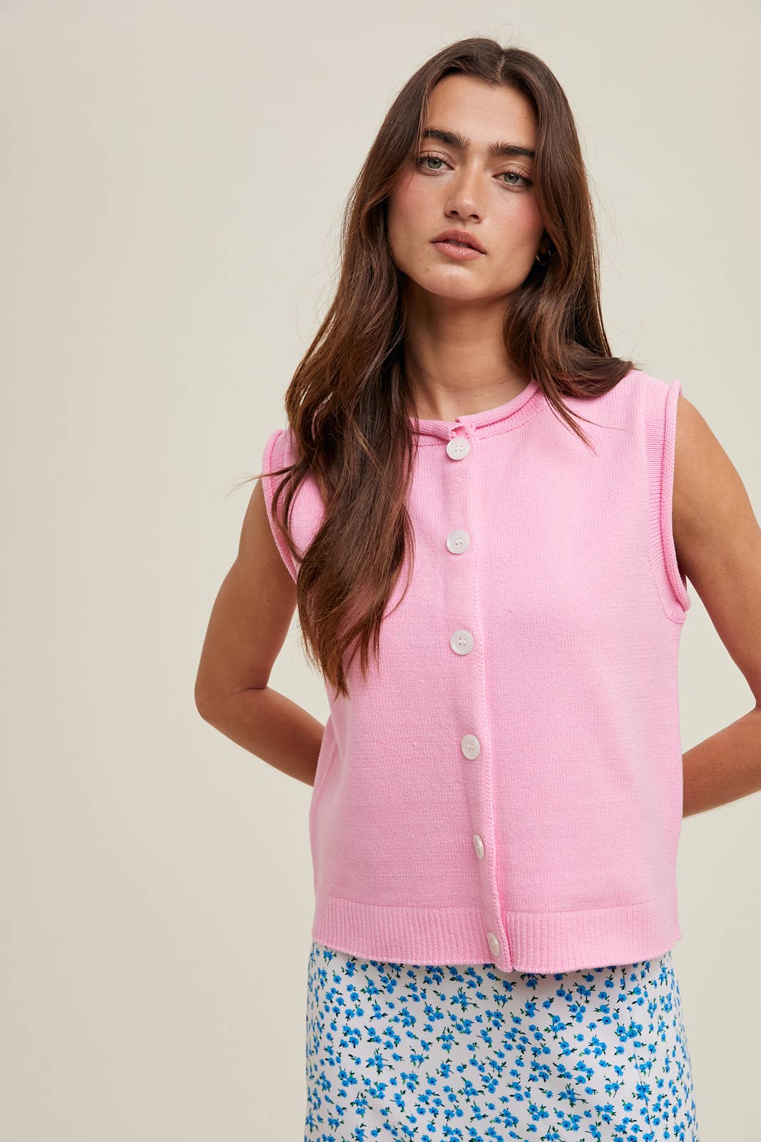 SWEATER BUTTON-UP VEST WITH ROLLED HEM DETAIL (multiple colors)