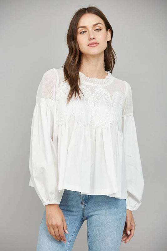 LACE APPLIQUE DETAIL MIXED MEDIA LONG SLV BLOUSE