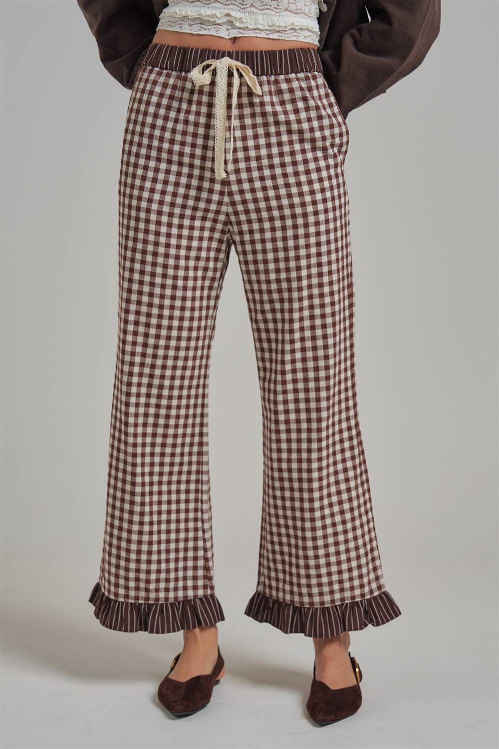 GINGHAM CHECK ELASTIC WAIST PANTS
