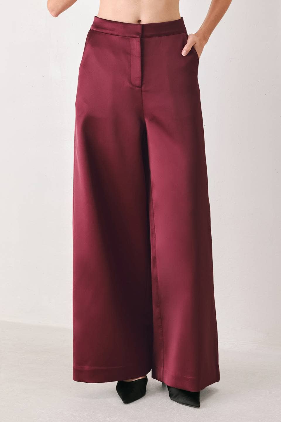 solid woven wide leg pant BURGUNDY