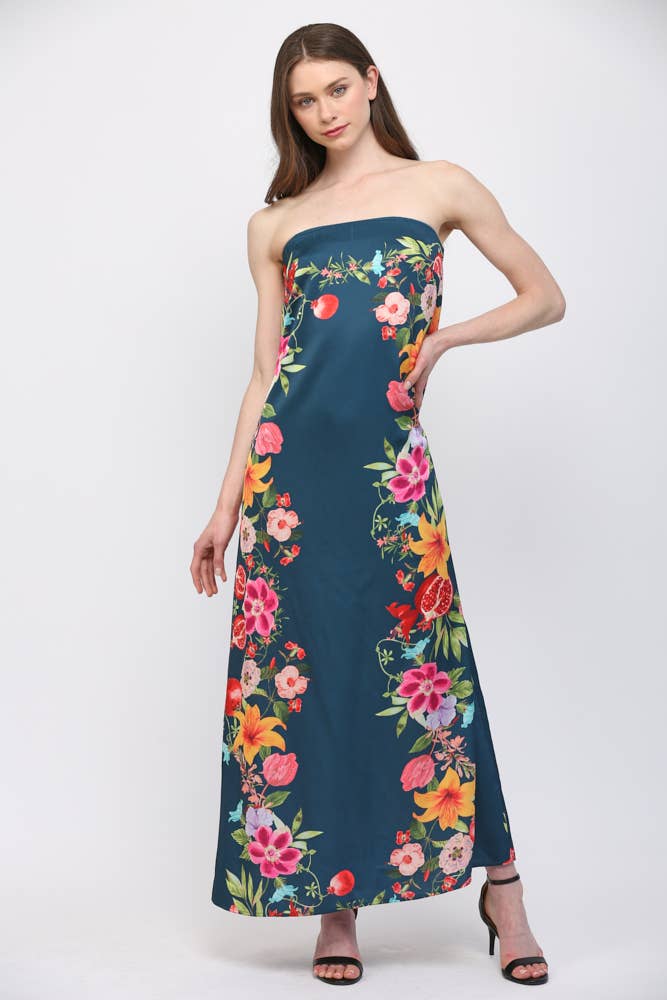 BOTANICAL BORDER PRINT STRAPLESS MAXI DRESS