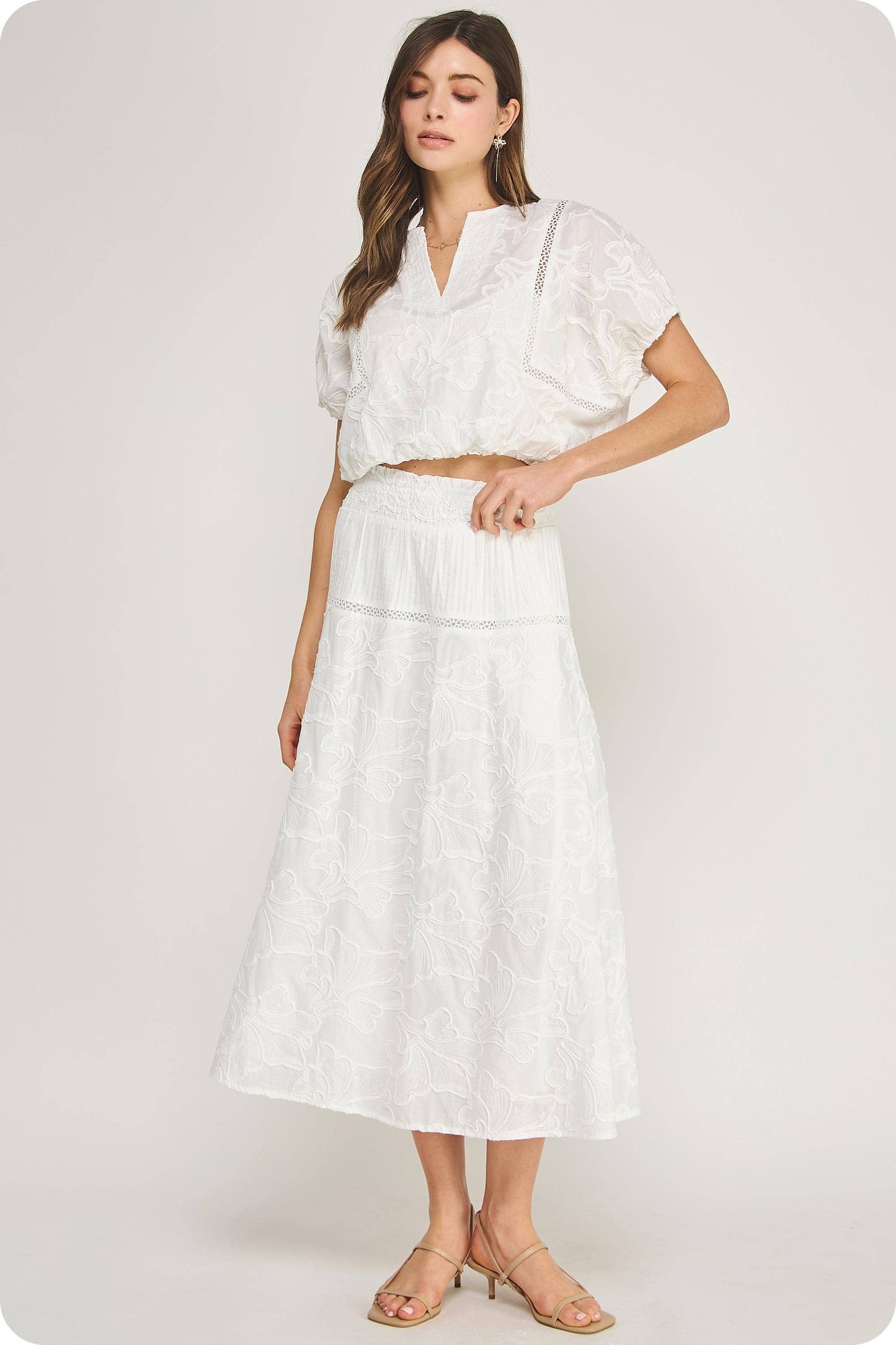 Floral Embroidery Cotton Lace Trim Skirt Top Set