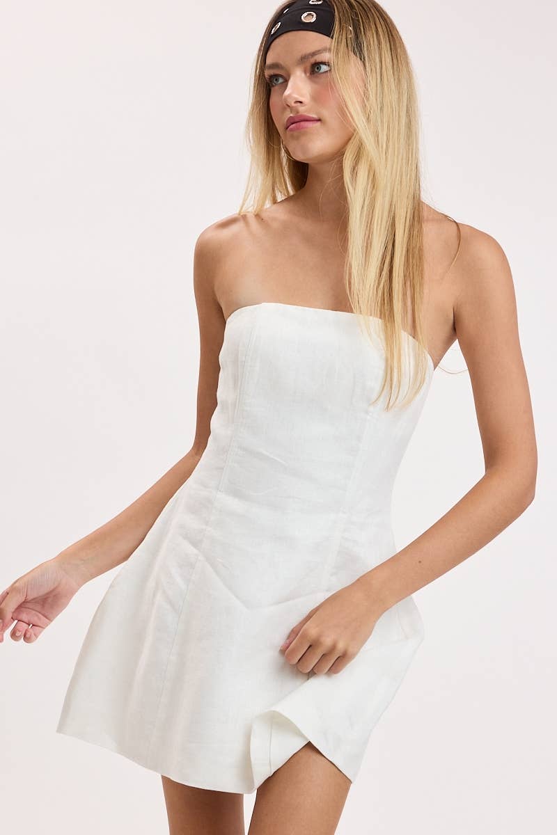 LINEN SOFT COLOR STRAIGHT ACROSS TUBE MINI DRESS