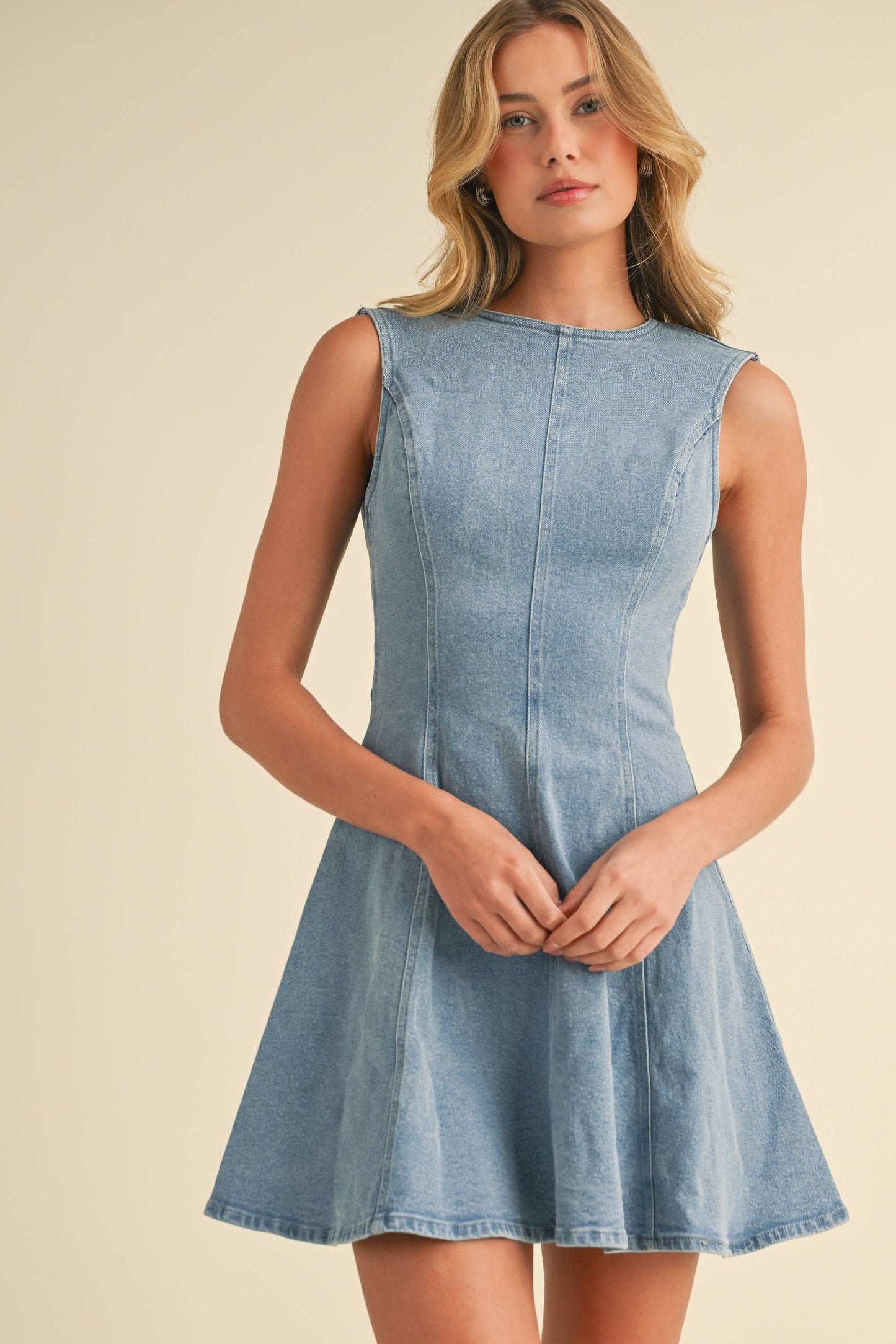 OPEN BACK DENIM A LINE MINI DRESS WITH BACK BOW