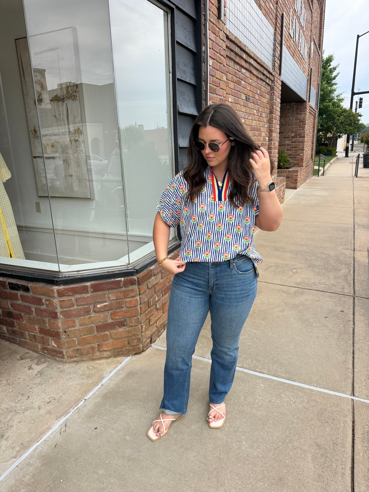 Floral Stripe Print Split Neck Blouse
