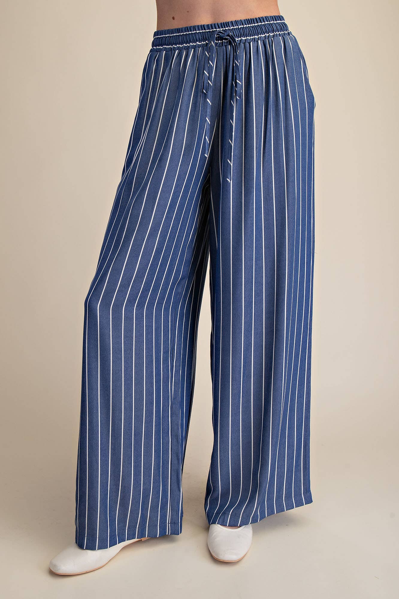 High Waist Elastic Band Stripe Wide Pants
