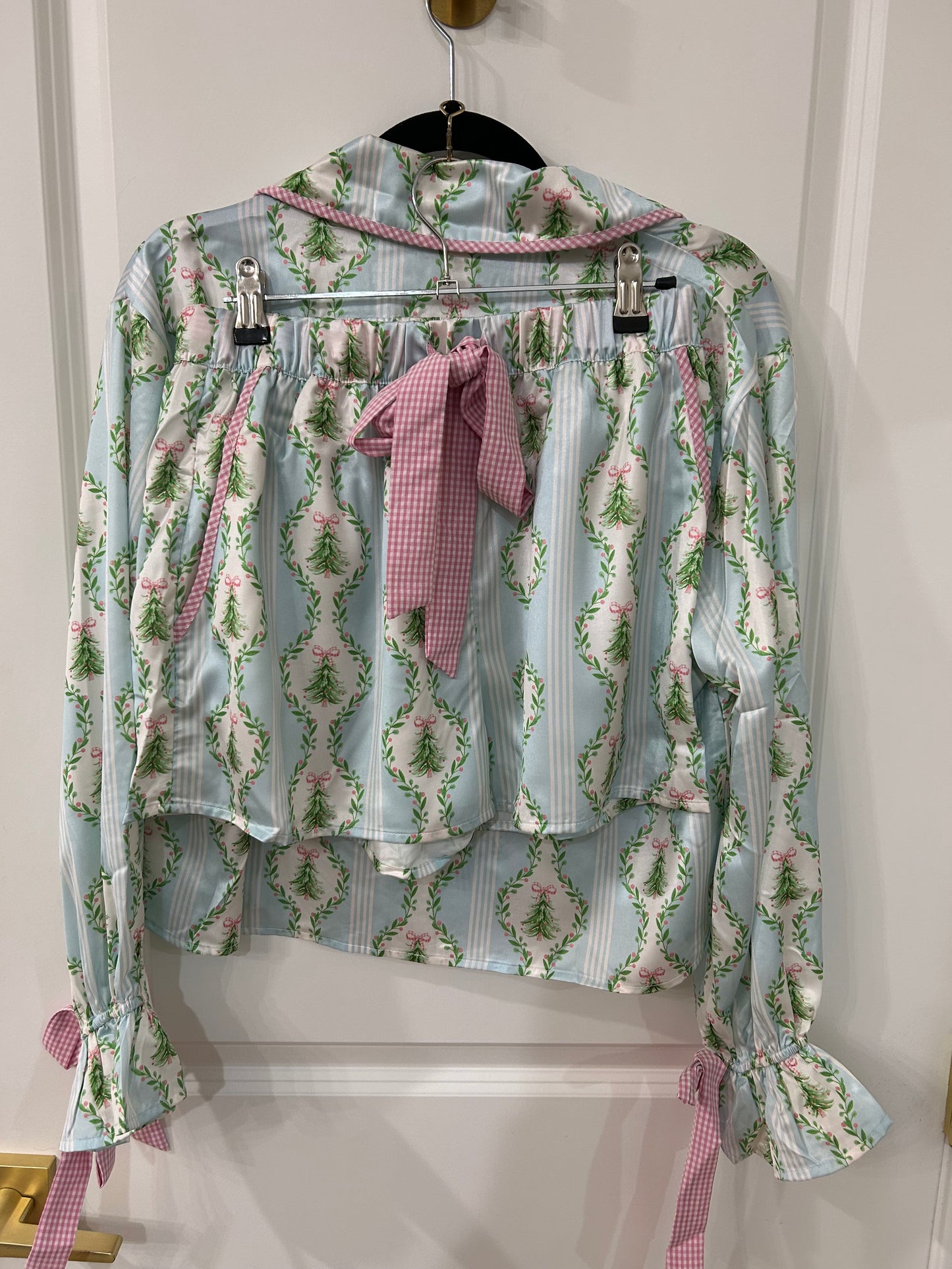 baby blue printed gingham tie pj set