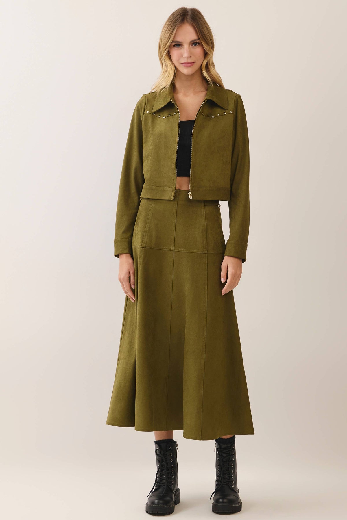 Faux Suede A-Line Midi Skirt