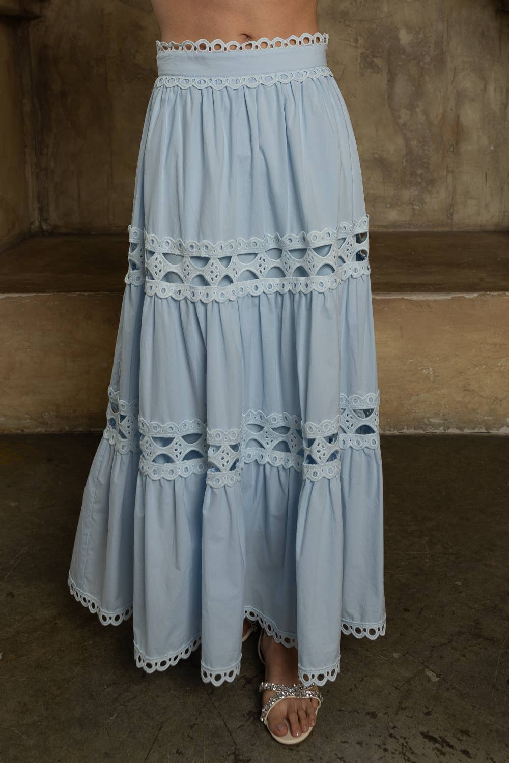 Tiered Maxi Skirt with Eyelet Detailing