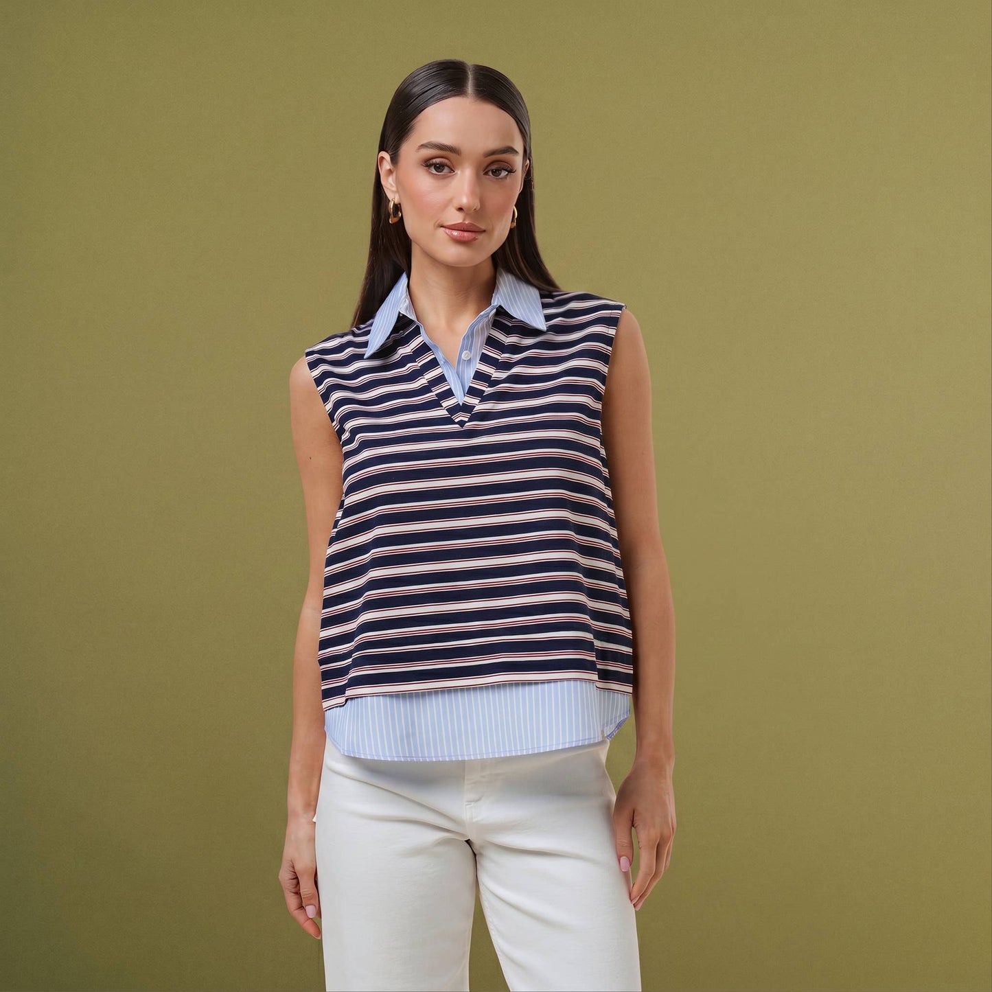 Layered look striped knit top