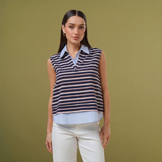 Layered look striped knit top