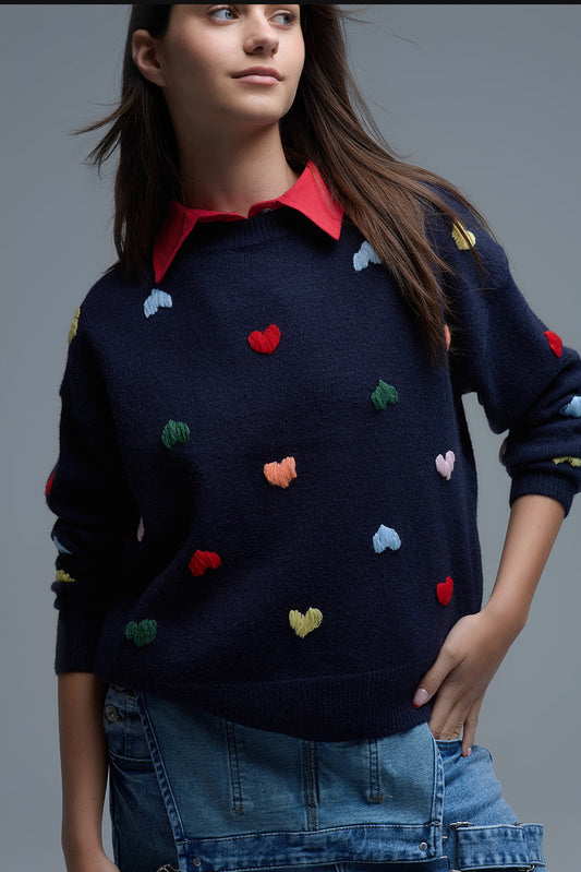 Navy Sweater Multicolor Embroidered Hearts