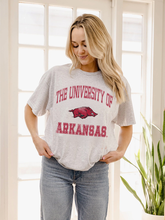 Arkansas Razorbacks Vintage Sport Ash Gray Thrifted Tee