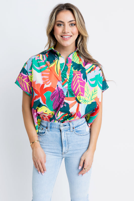 KARLIE Birds of Paradise Collar Top