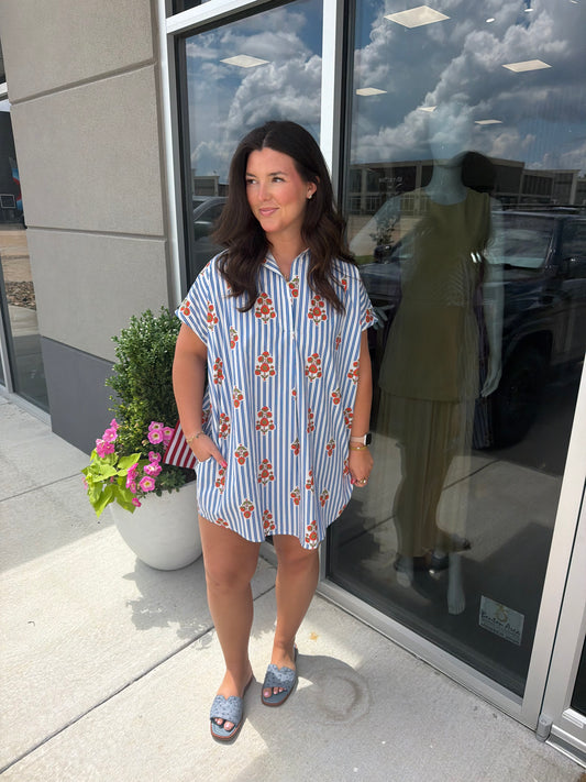 STRIPE FLORAL NECK SIGNATURE SHIRT Dress - Karlie