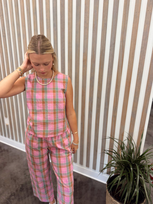 pink/green plaid pant set