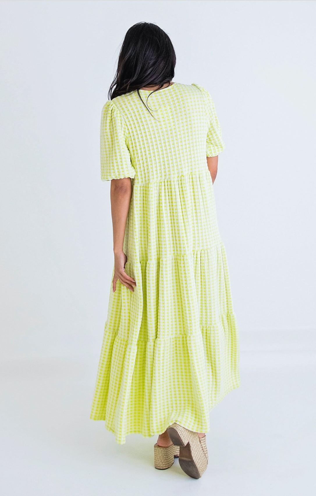 Yellow Check Plaid Puff Maxi Dress by KARLIE