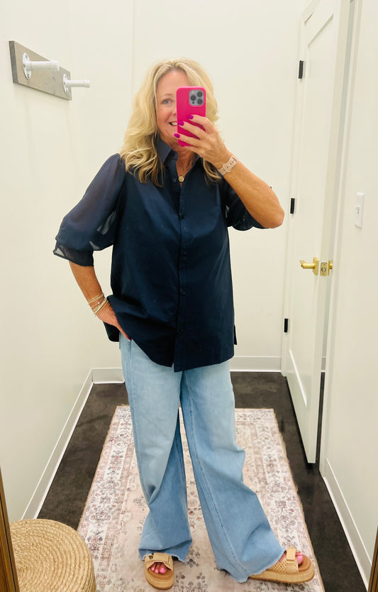 Navy Chiffon sleeve blouse