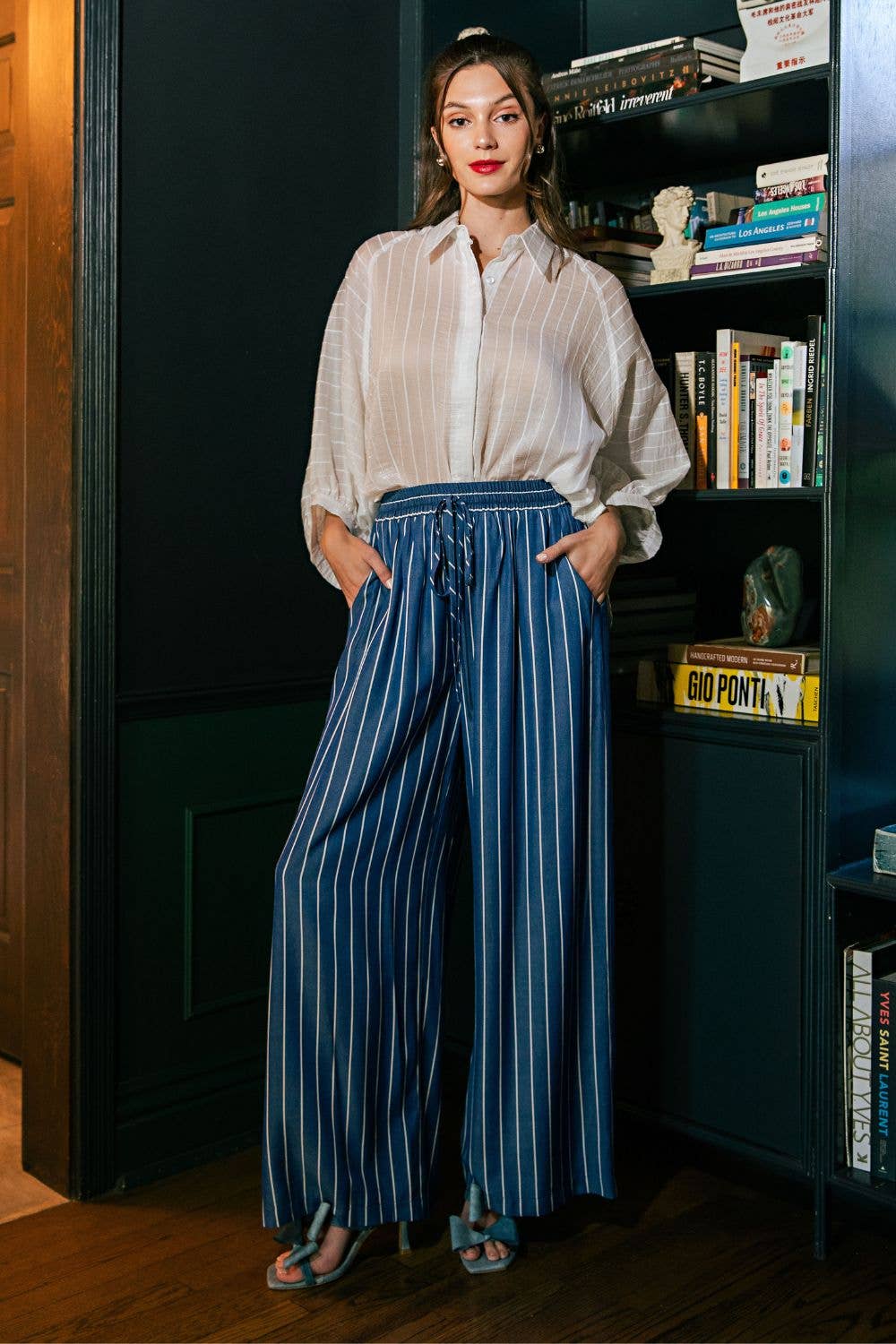 High Waist Elastic Band Stripe Wide Pants