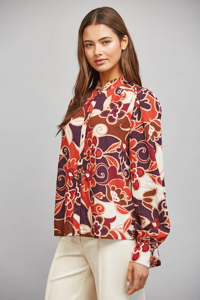 LARGE SCALE ABSTRACT FLORAL PRINT STAN-UP COLLAR BUTTON DOWN