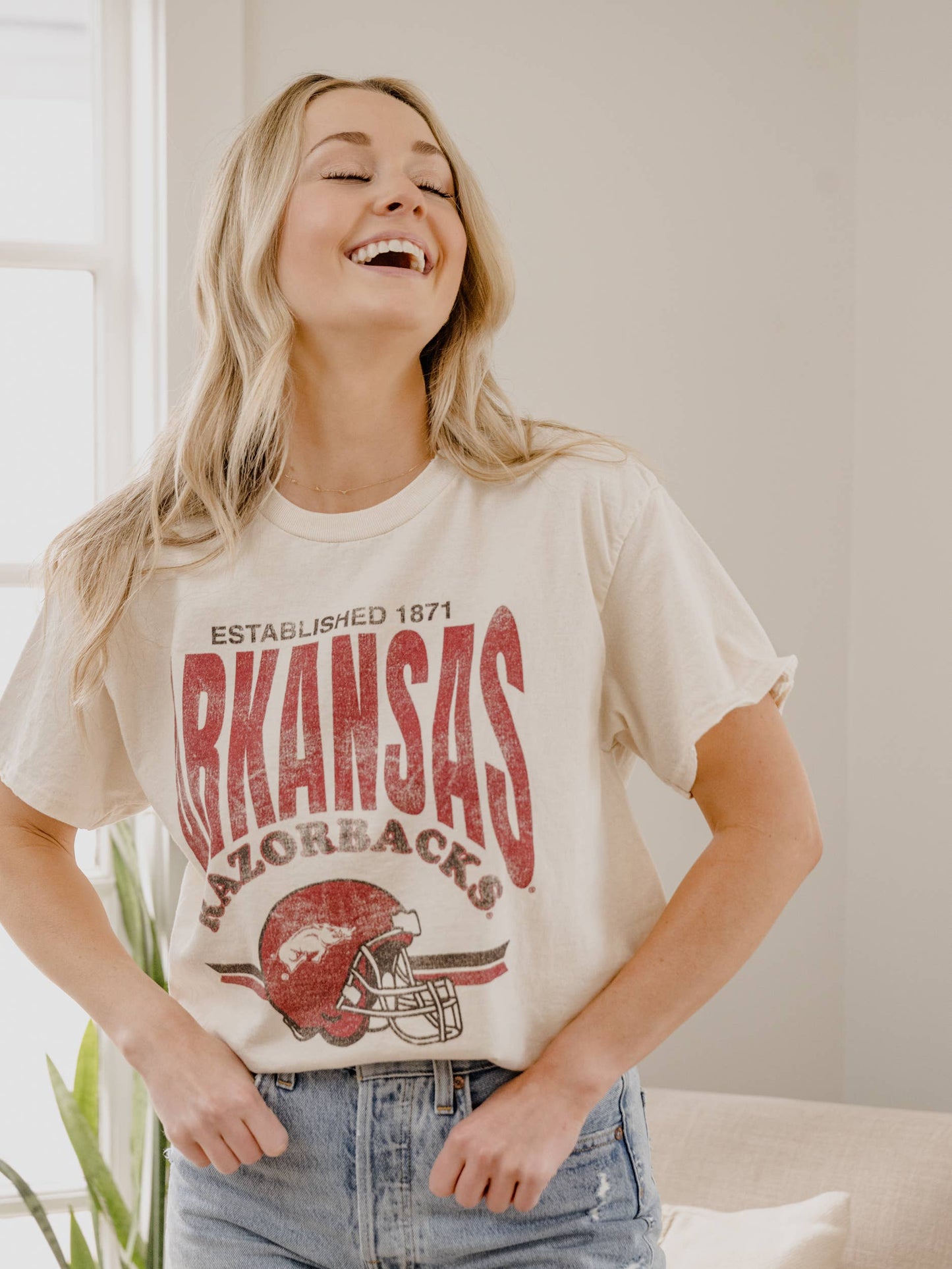 Razorbacks Established Date Helmet Off White Thrifted Tee