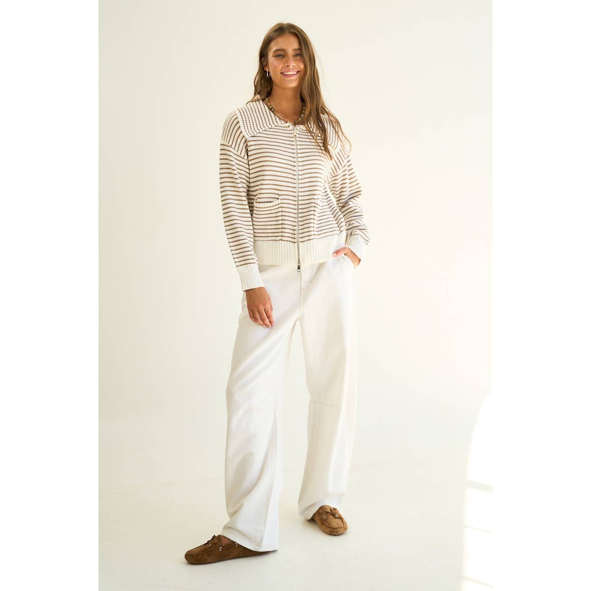 Striped Cotton Blend Zip-Up Sweater with Wide Collar