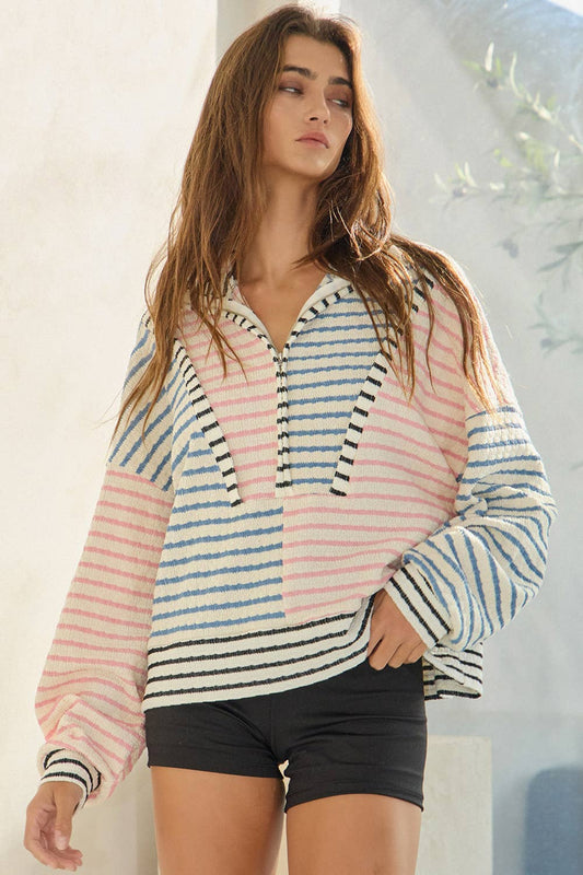 Oversized Funnel-Neck Half Zip Striped Top