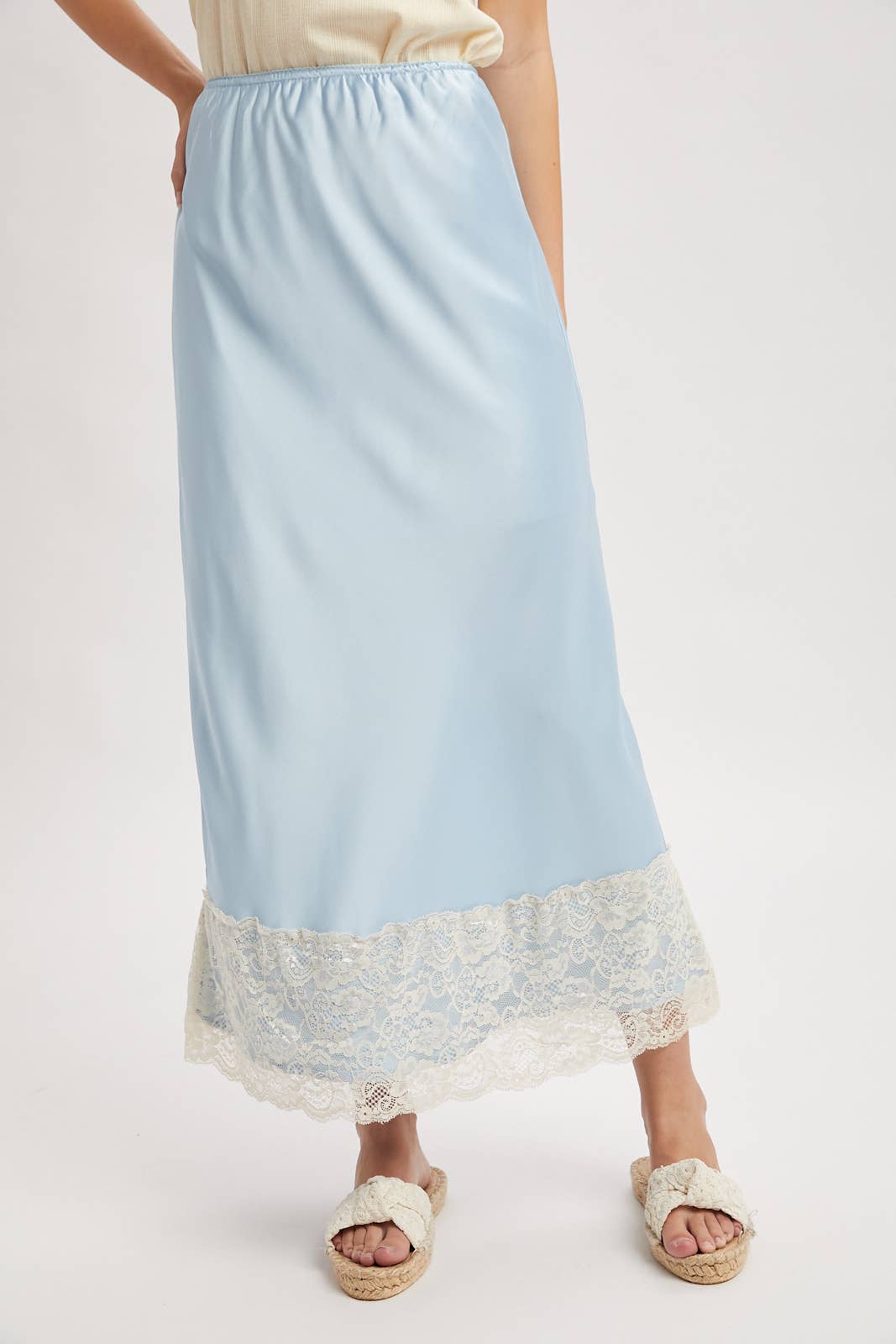 LACE TRIM SATIN MIDI SKIRT