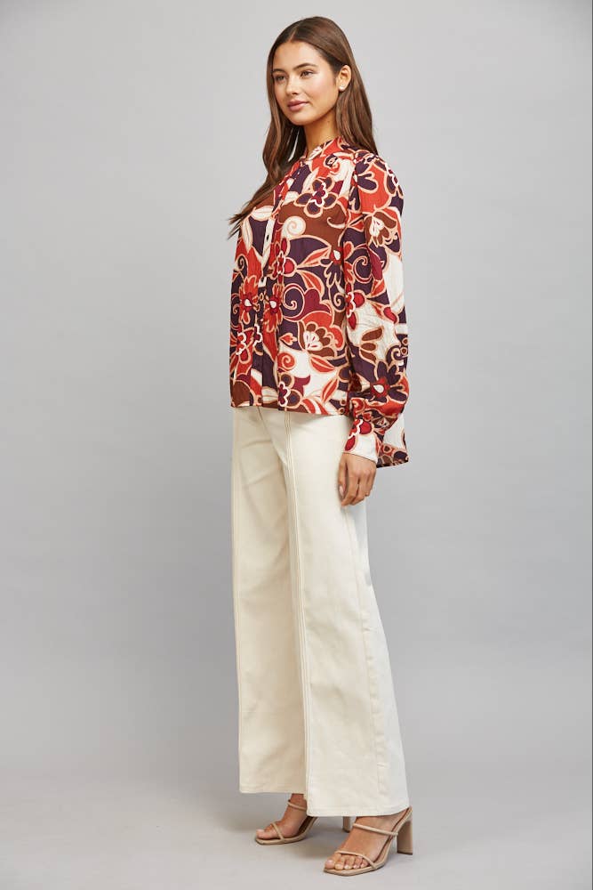 LARGE SCALE ABSTRACT FLORAL PRINT STAN-UP COLLAR BUTTON DOWN