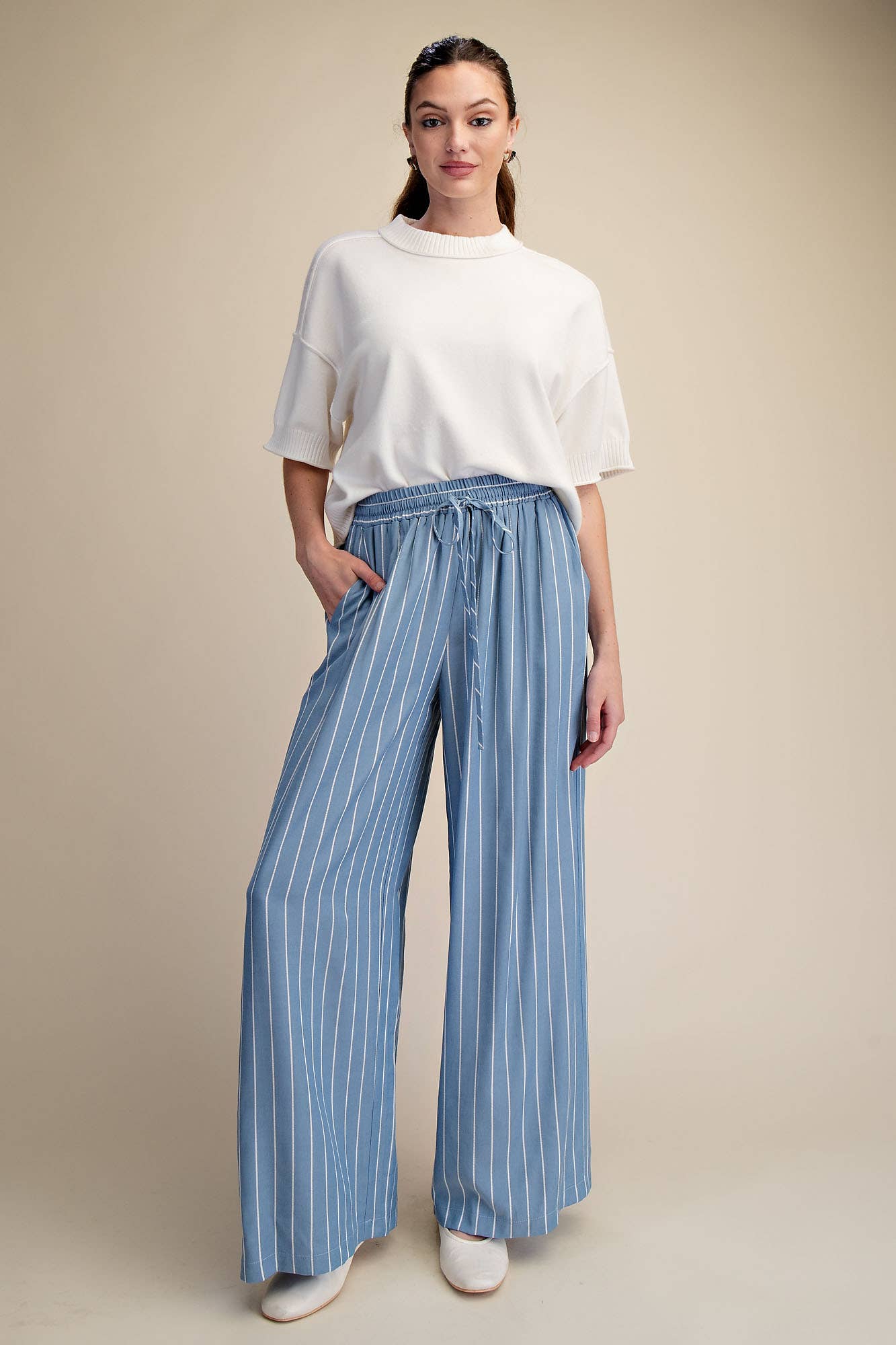High Waist Elastic Band Stripe Wide Pants