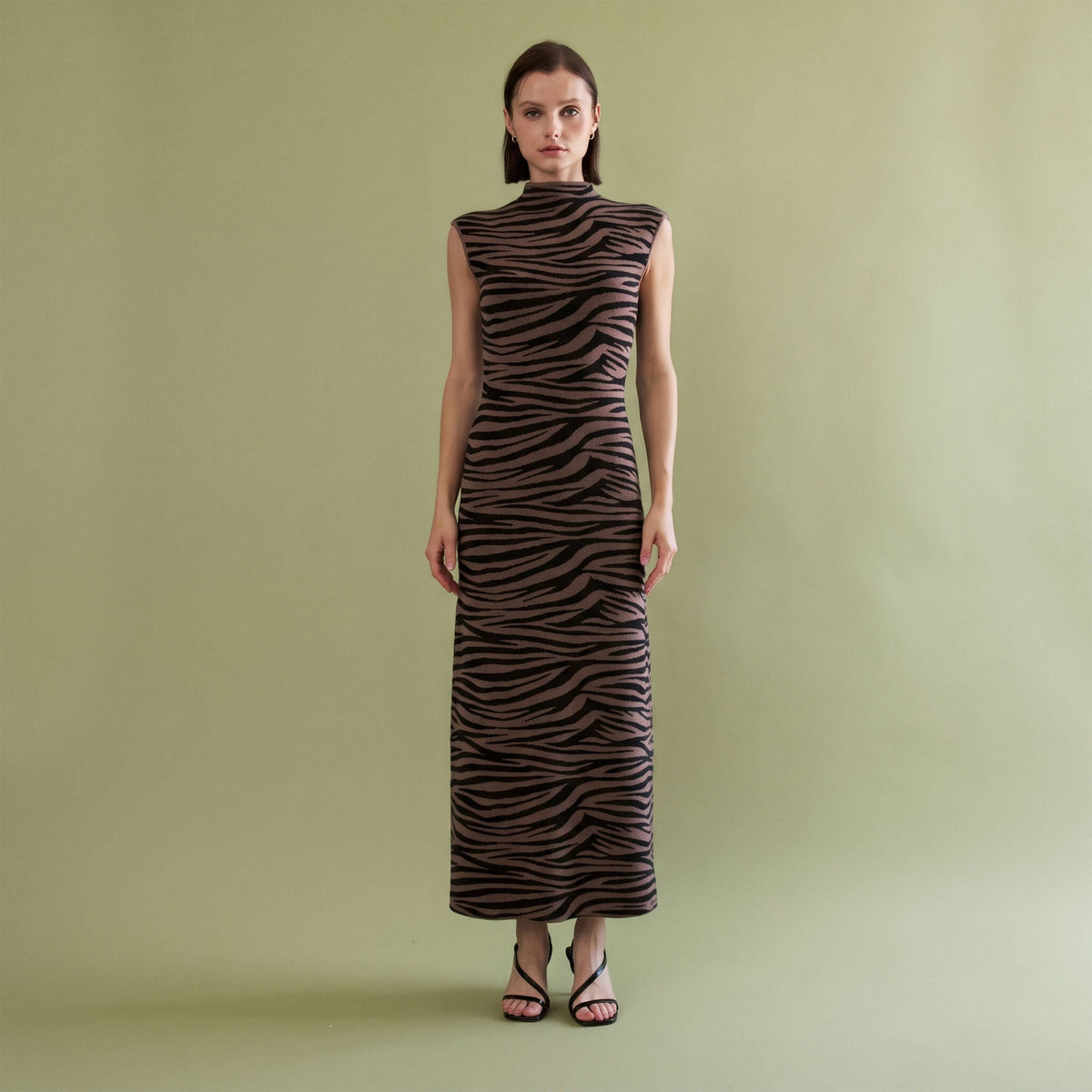 Zebra Print Mock Neck Sleeveless Knit Maxi Dress