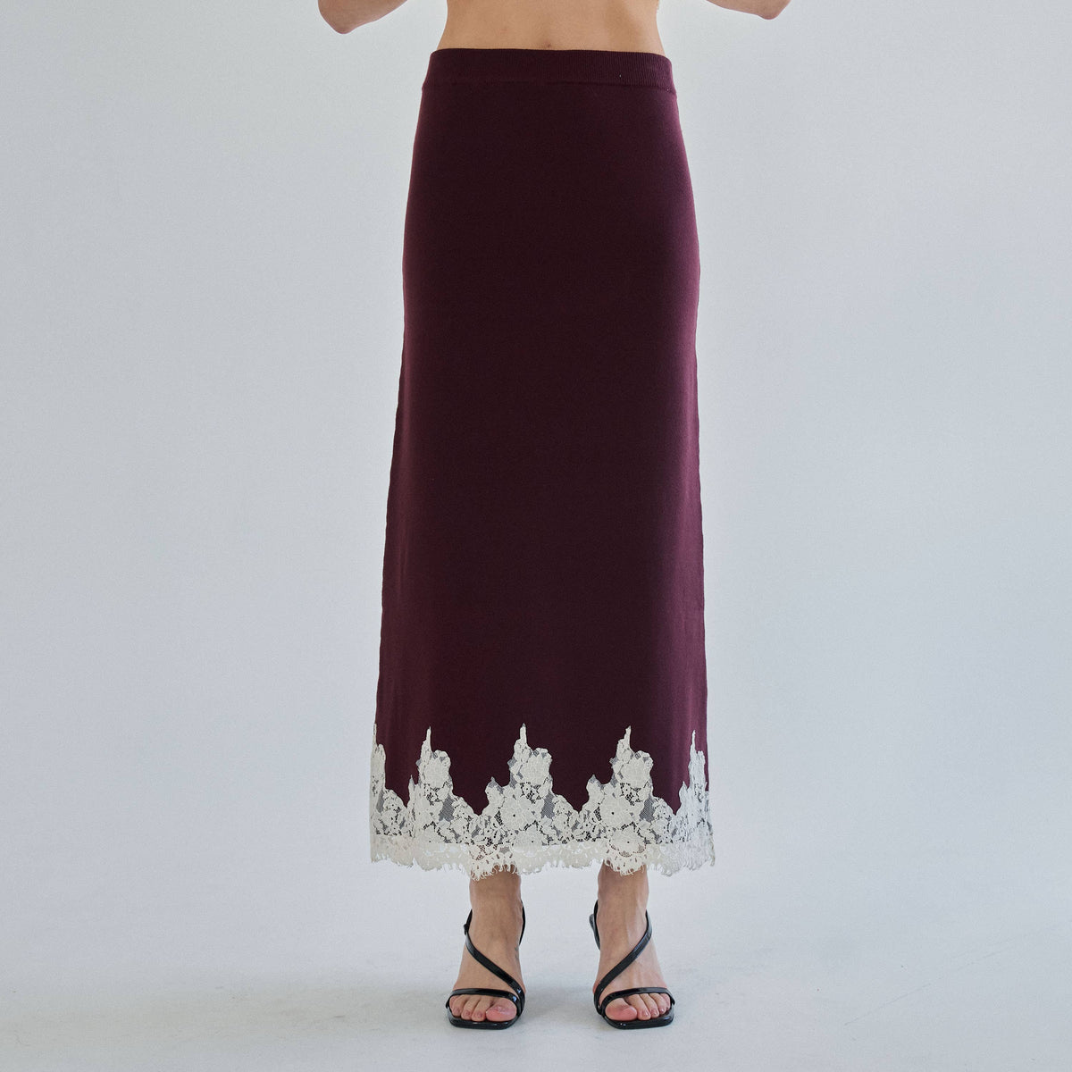 Lace Trim Mock Neck Top & Maxi Skirt Knit Set