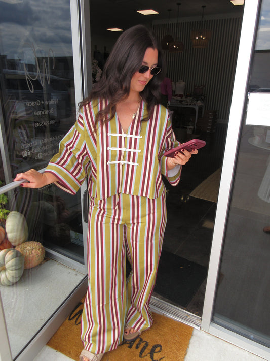 PINK/BURGUNDY STRIPE PANT SET