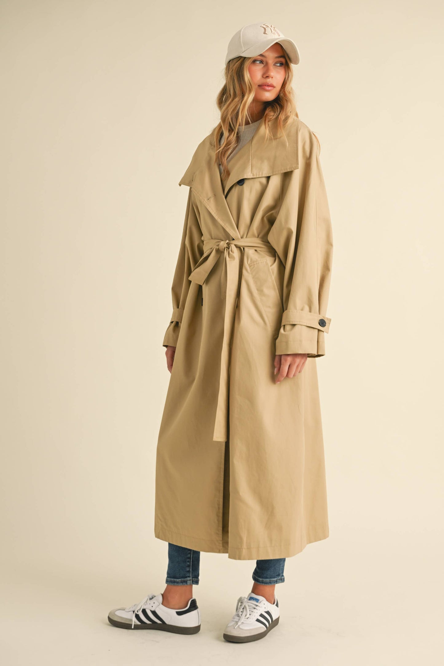 LONG OVERSIZED BELTED TRENCH COAT WITH POCKETS