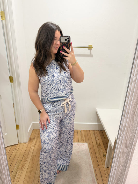 blue/white printed pant set
